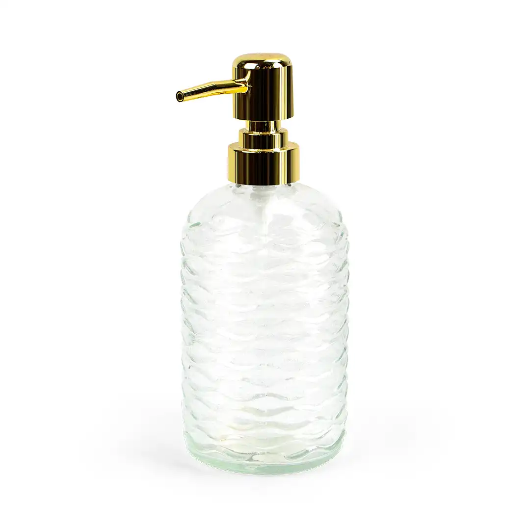 DISPENSER DE SABONETE LÍQUIDO EM VIDRO COM BICO PUMP DOURADO