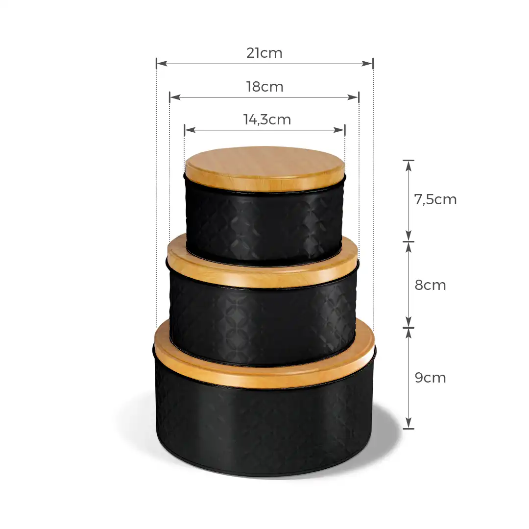 KIT COM 3 POTES DE METAL PRETO COM TAMPA – 21CM, 18CM, 14,3CM