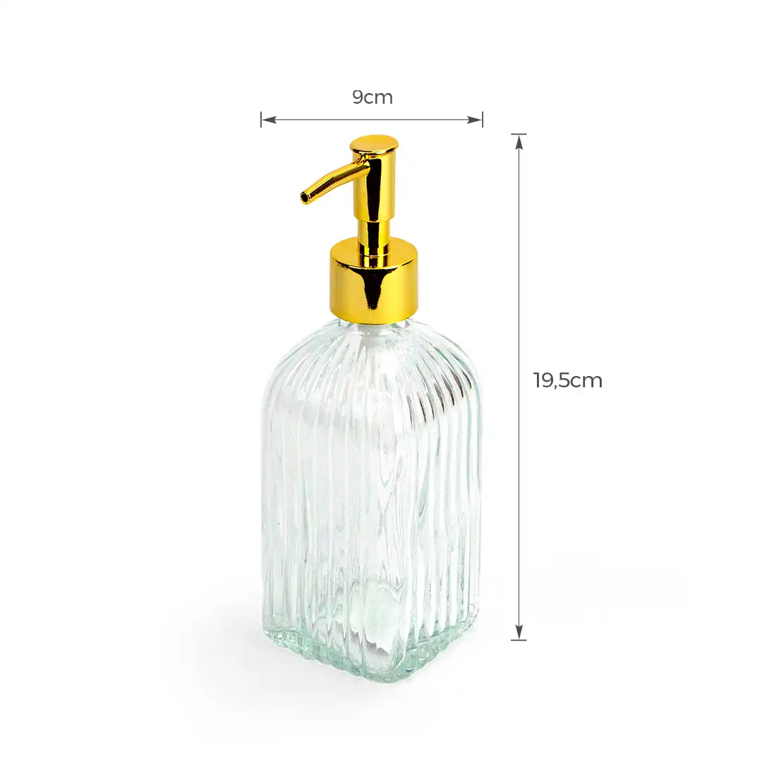 DISPENSER DE SABONETE LÍQUIDO EM VIDRO COM BICO PUMP DOURADO