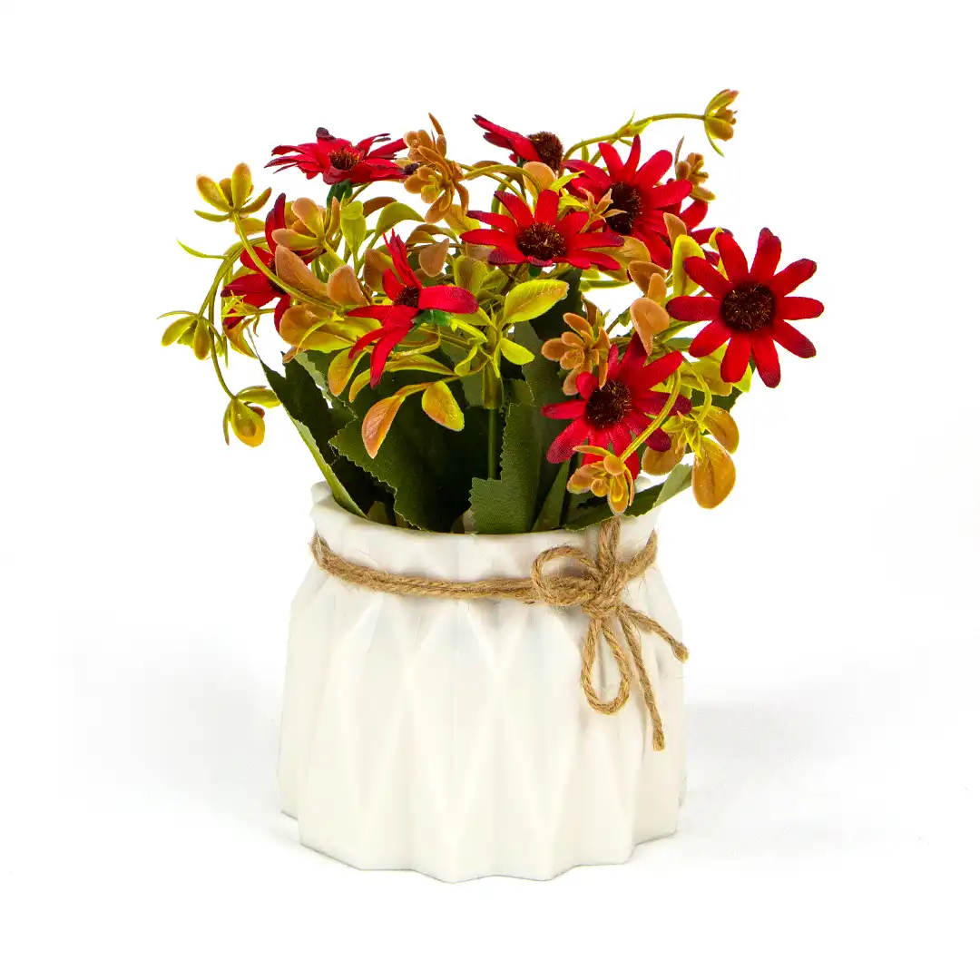 VASO DECORATIVO BRANCO COM FLORES ARTIFICIAIS VERMELHO – 20 CM


