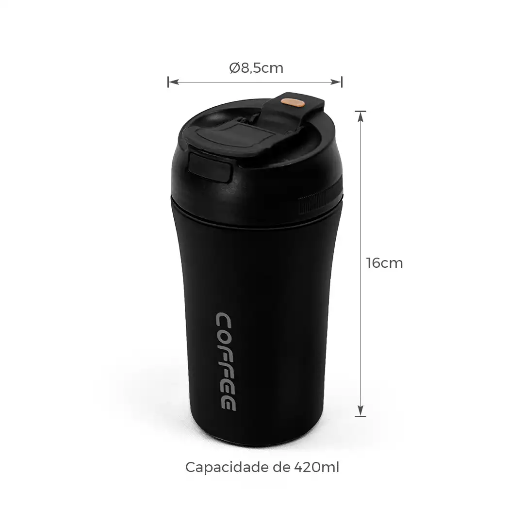 COPO TÉRMICO PRETO 420ML COM TAMPA ANTIVAZAMENTO E INTERIOR EM INOX