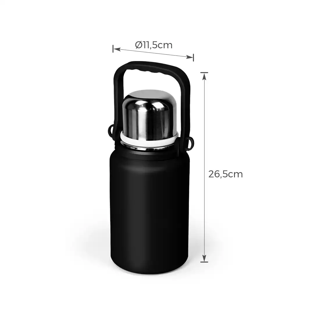 GARRAFA TÉRMICA 900ML PRETO COM ALÇA E TAMPA INOX – Ø11,5CM X 26,5CM