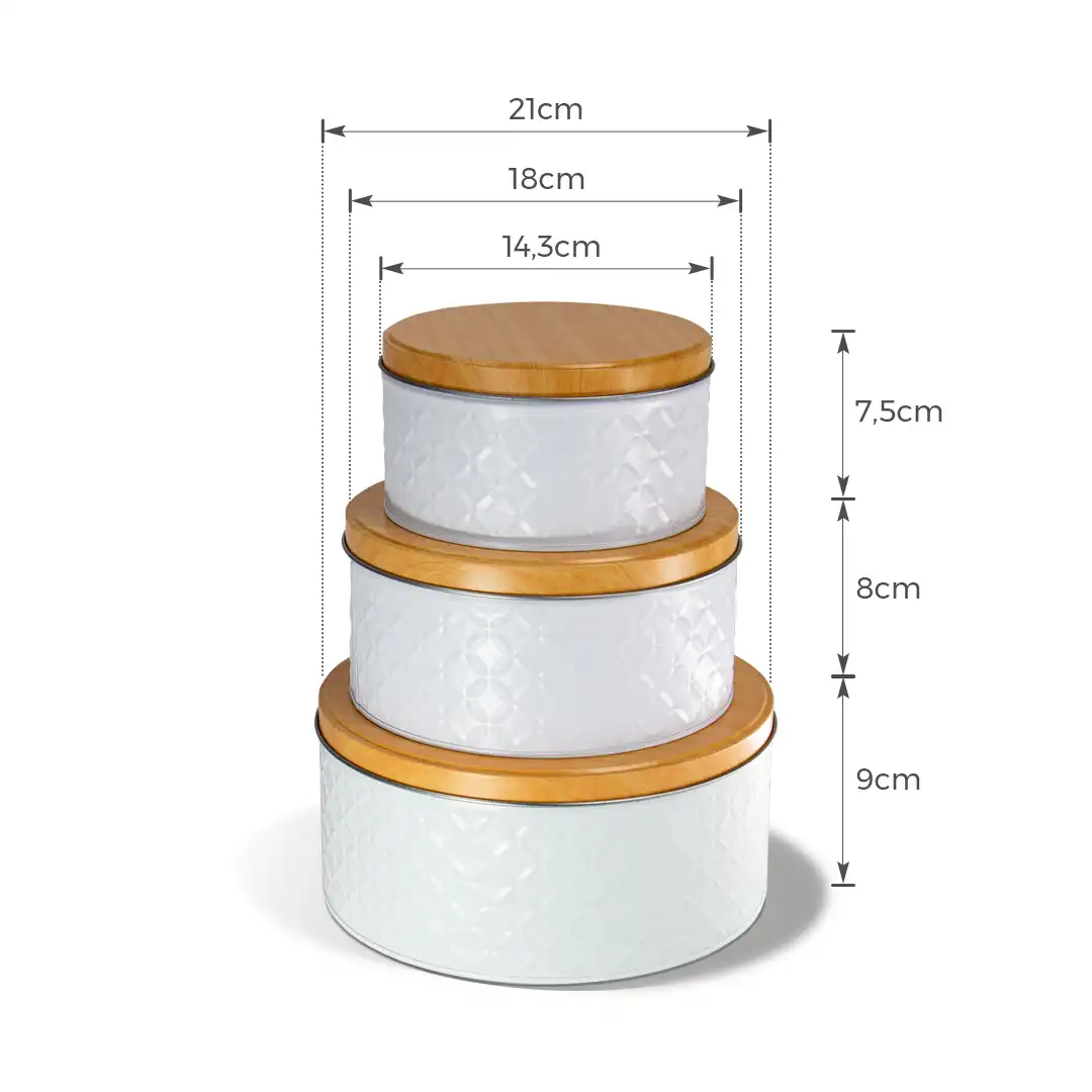 KIT COM 3 POTES DE METAL BRANCO COM TAMPA – 21CM, 18CM, 14,3CM