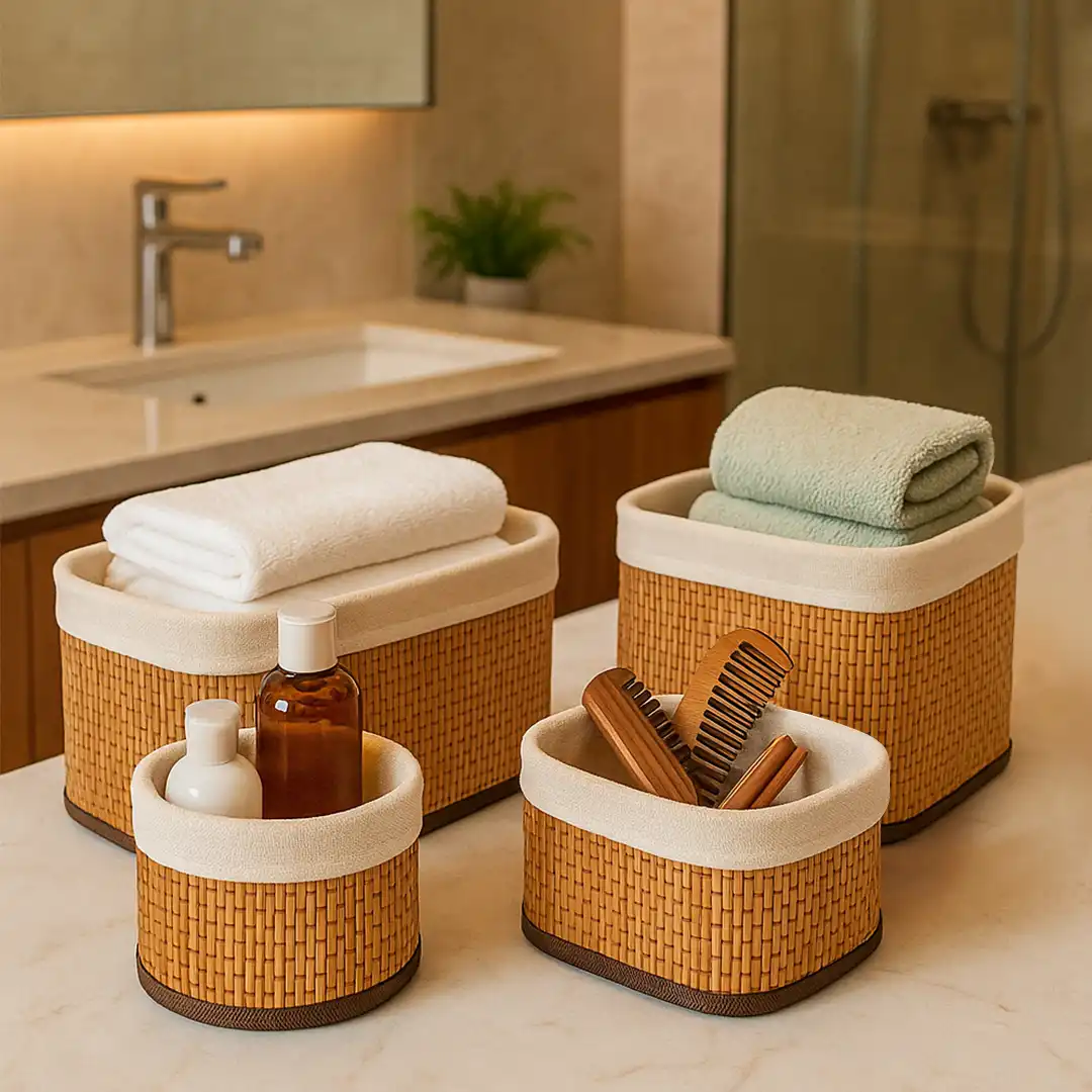 KIT CESTOS ORGANIZADORES DE BAMBU COM FORRO DE ALGODÃO - 4 PEÇAS