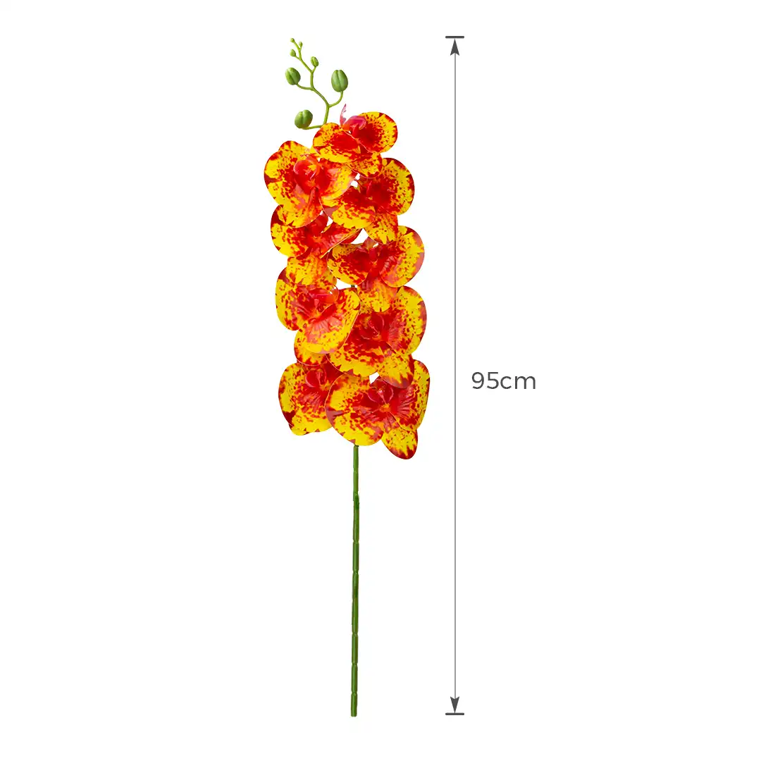 HASTE FLOR ARTIFICIAL ORQUÍDEA VERMELHA DETALHES AMARELOS EM PLÁSTICO COM 95CM DE ALTURA