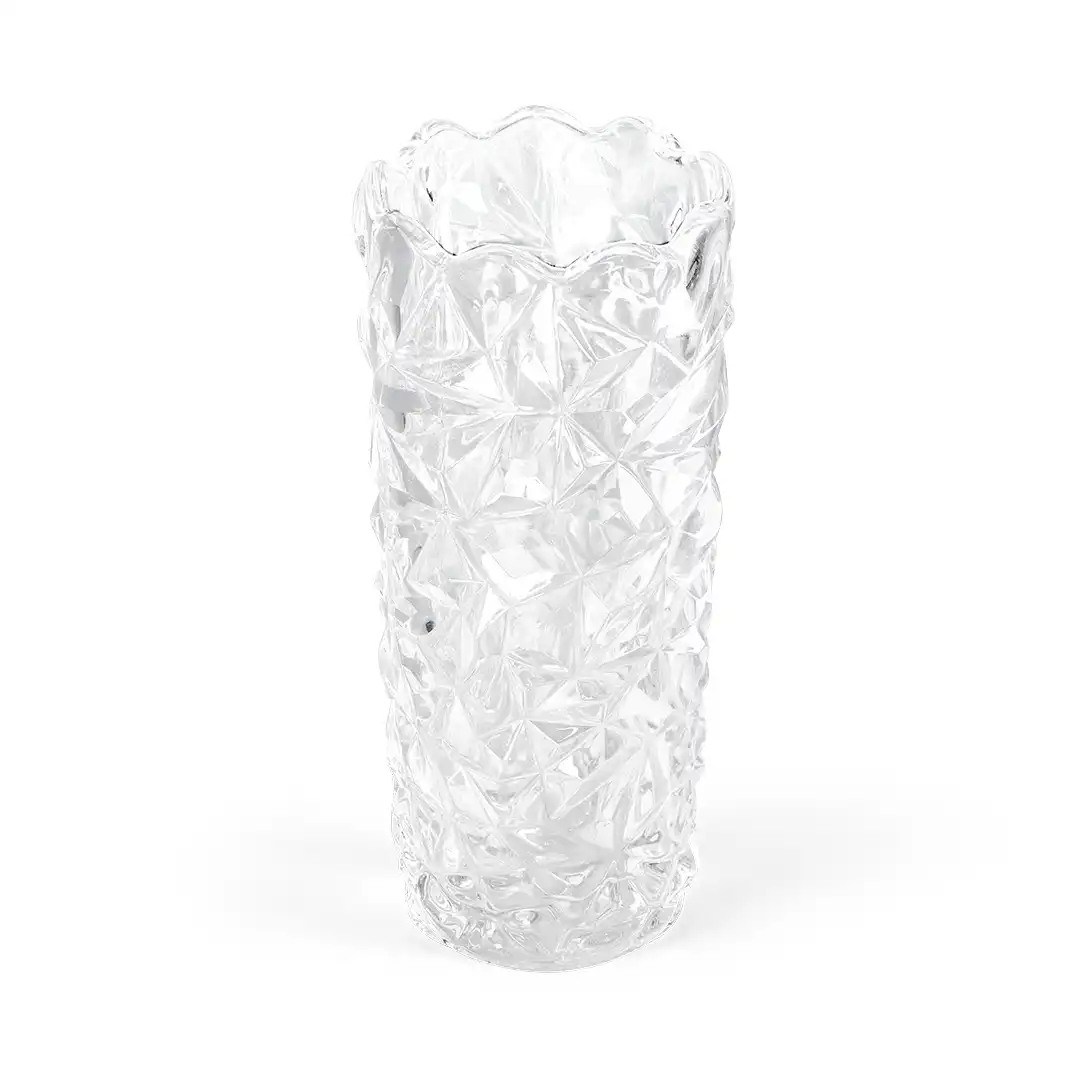 VASO DE VIDRO DECORATIVO COM TEXTURA DIAMANTADA – 19,5CM ALTURA