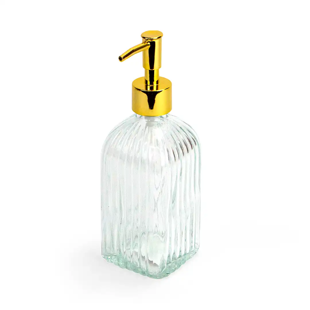 DISPENSER DE SABONETE LÍQUIDO EM VIDRO COM BICO PUMP DOURADO