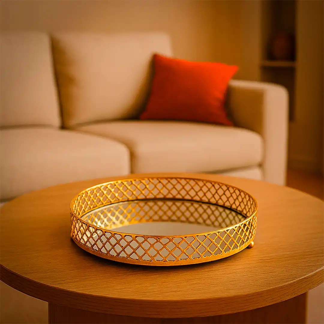 BANDEJA DECORATIVA ESPELHADA DOURADA CIRCULAR 25CM