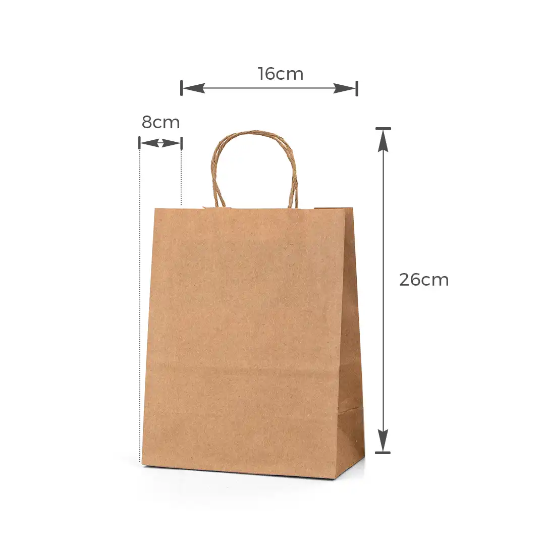 KIT 10 SACOLA DE PAPEL KRAFT COM ALÇA TORCIDA PEQUENA 26X16X8CM