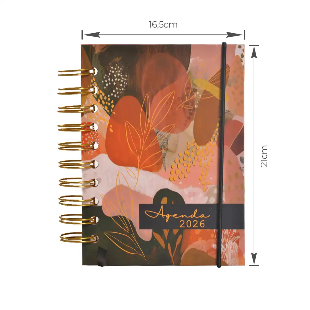 AGENDA ESPIRAL 2026 COM CAPA DURA E ELÁSTICO 15x21CM – SORTIDAS