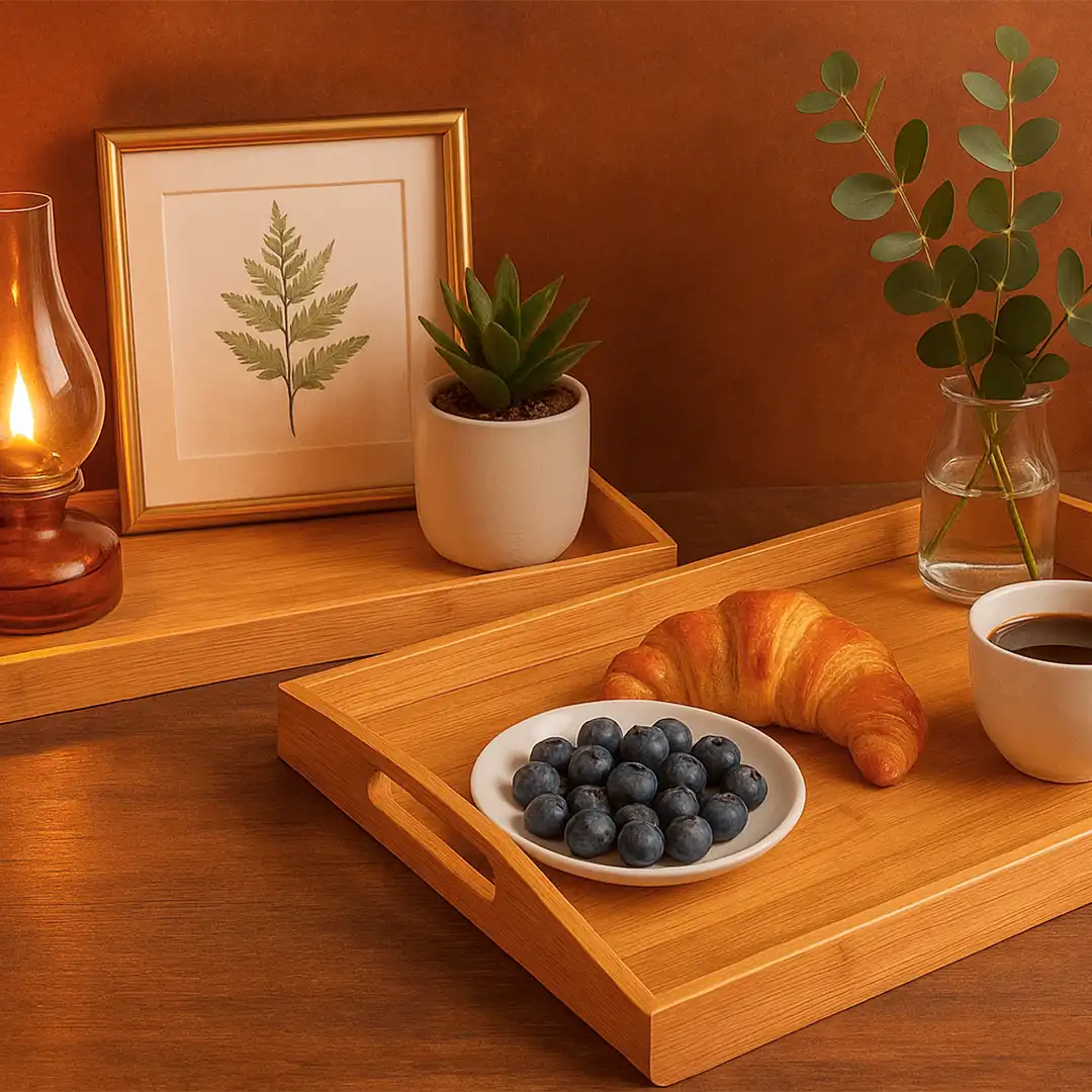 KIT BANDEJAS RETANGULARES DE BAMBU COM ALÇA – 2 PEÇAS 40CM E 36CM