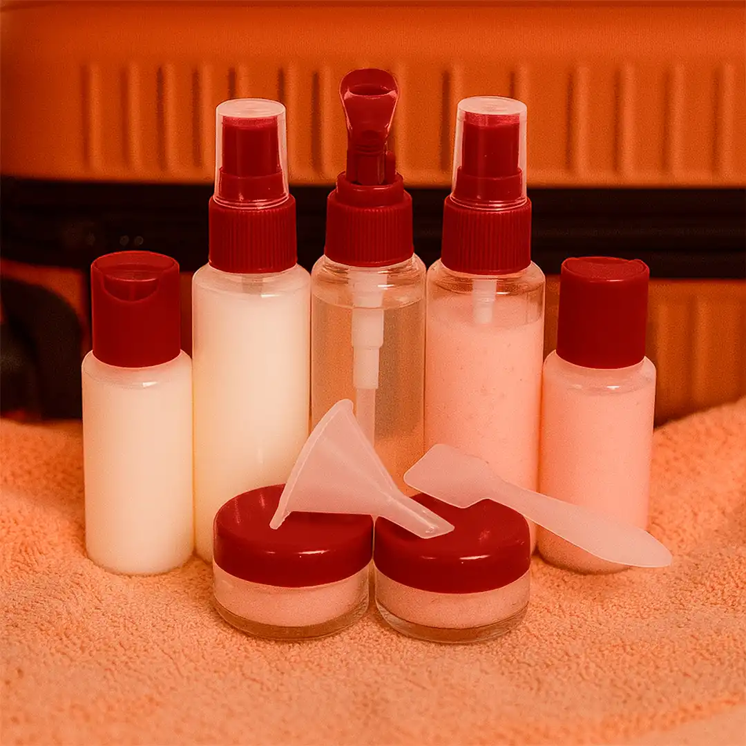 KIT FRASCOS PARA VIAGEM 10 PEÇAS COM ESTOJO – VINHO PRÁTICO E COMPACTO