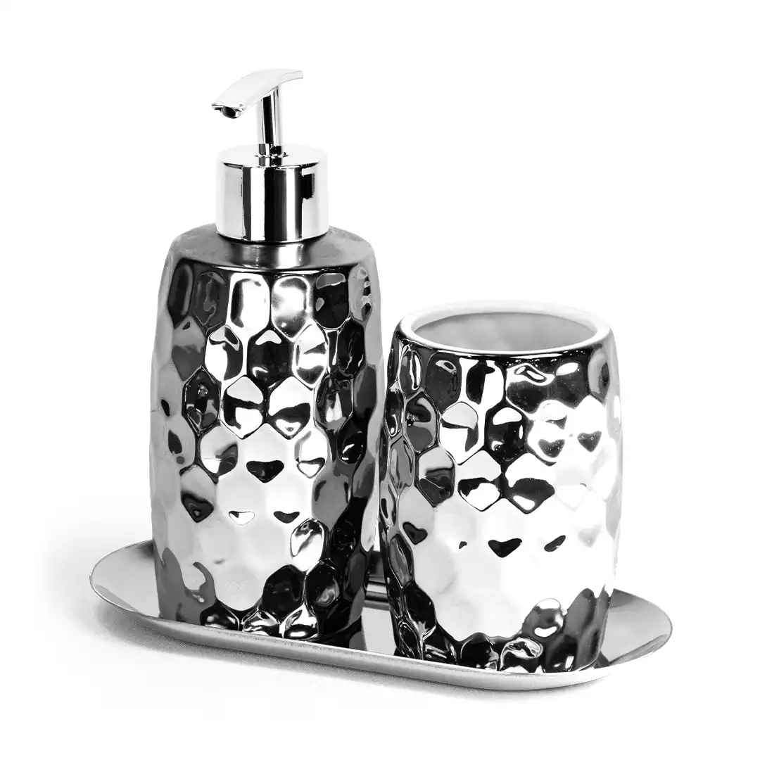 KIT LAVABO BANHEIRO PORCELANA PRATA COM BANDEJA – 3 PEÇAS 18x8,5CM