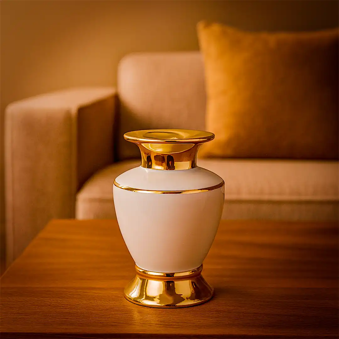 VASO DE PORCELANA DECORATIVO BRANCO COM DETALHES DOURADOS 18CM