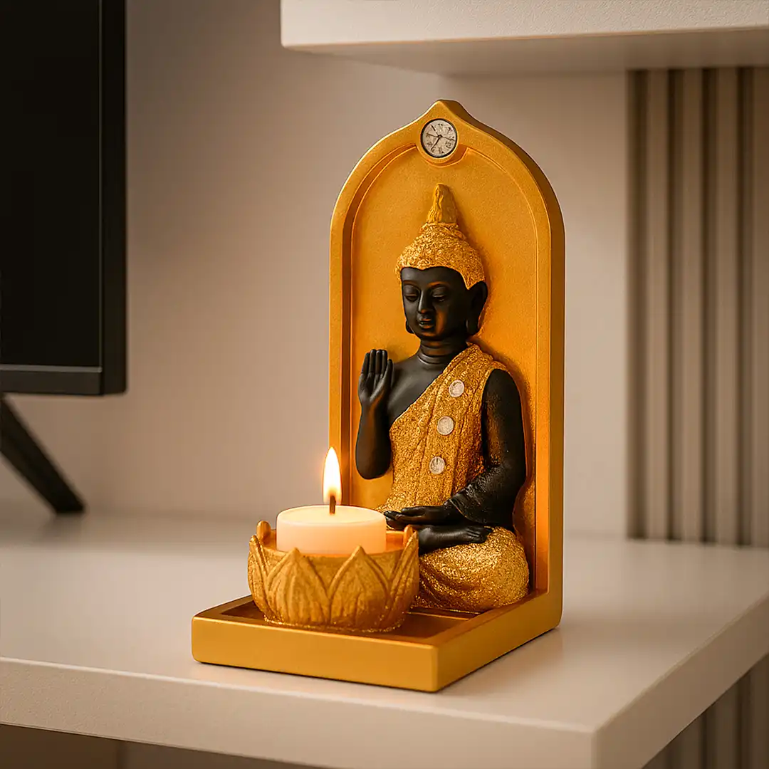 ENFEITE DECORATIVO BUDA EM RESINA PRETO E DOURADO COM BASE DE FLOR DE LÓTUS – 16x8x7,5CM

