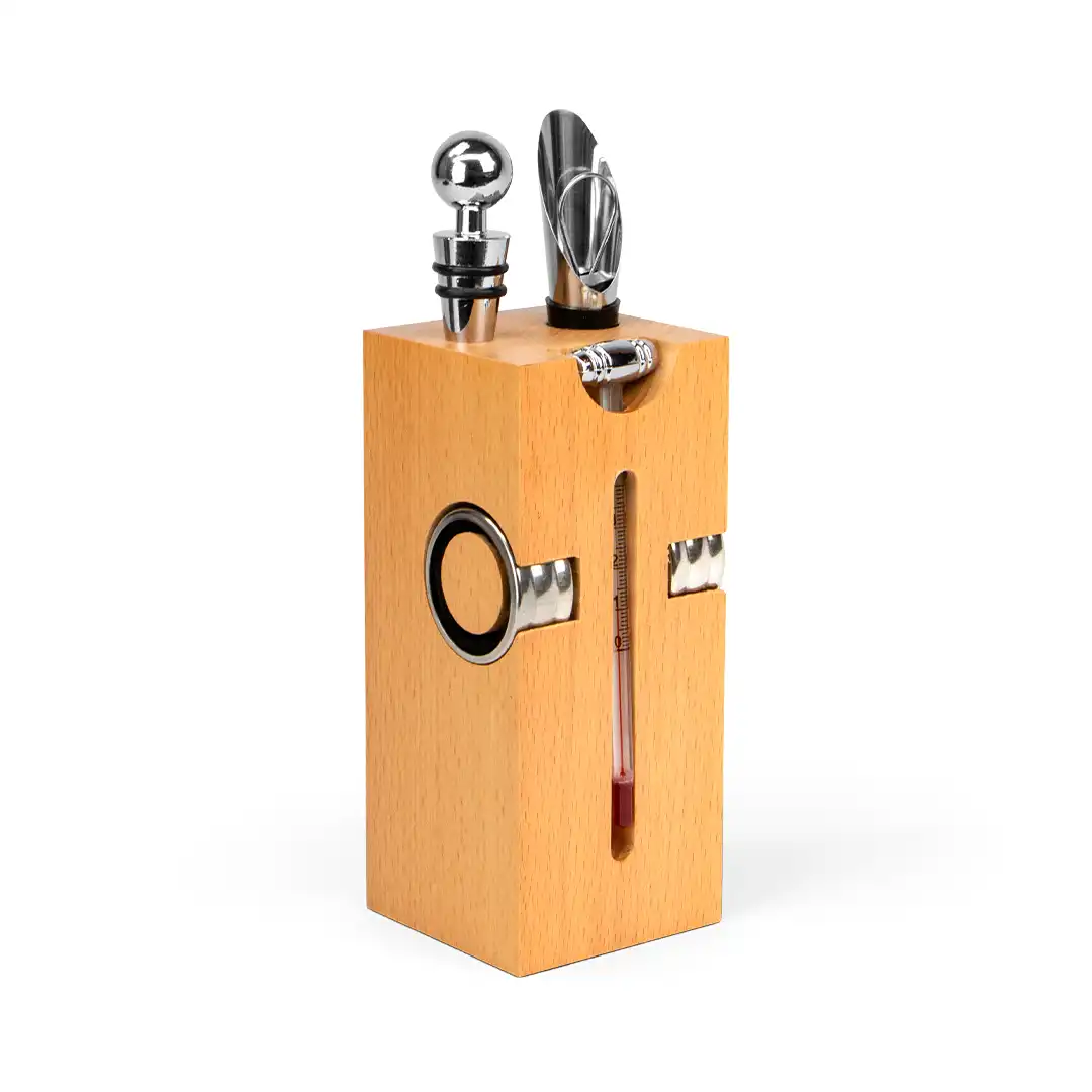 KIT PARA VINHO 7 PEÇAS COM SUPORTE EM MADEIRA - ABRIDOR, BICO, TERMÔMETRO E MAIS