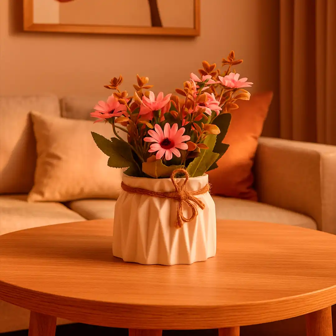 VASO DECORATIVO BRANCO COM FLORES ARTIFICIAIS ROSA – 20 CM


