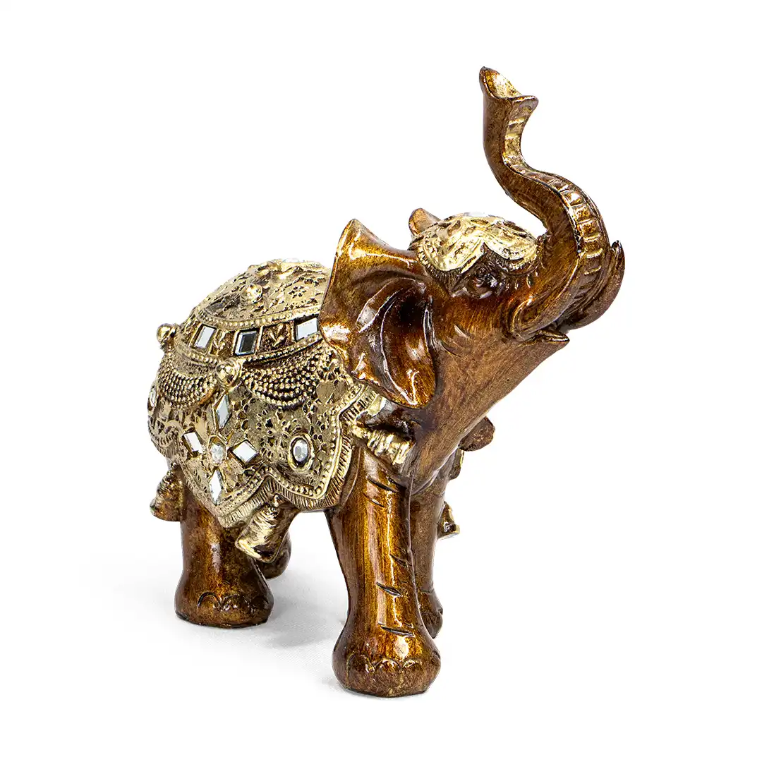 ELEFANTE INDIANO DECORATIVO DE RESINA COM DETALHES DOURADOS 17CM