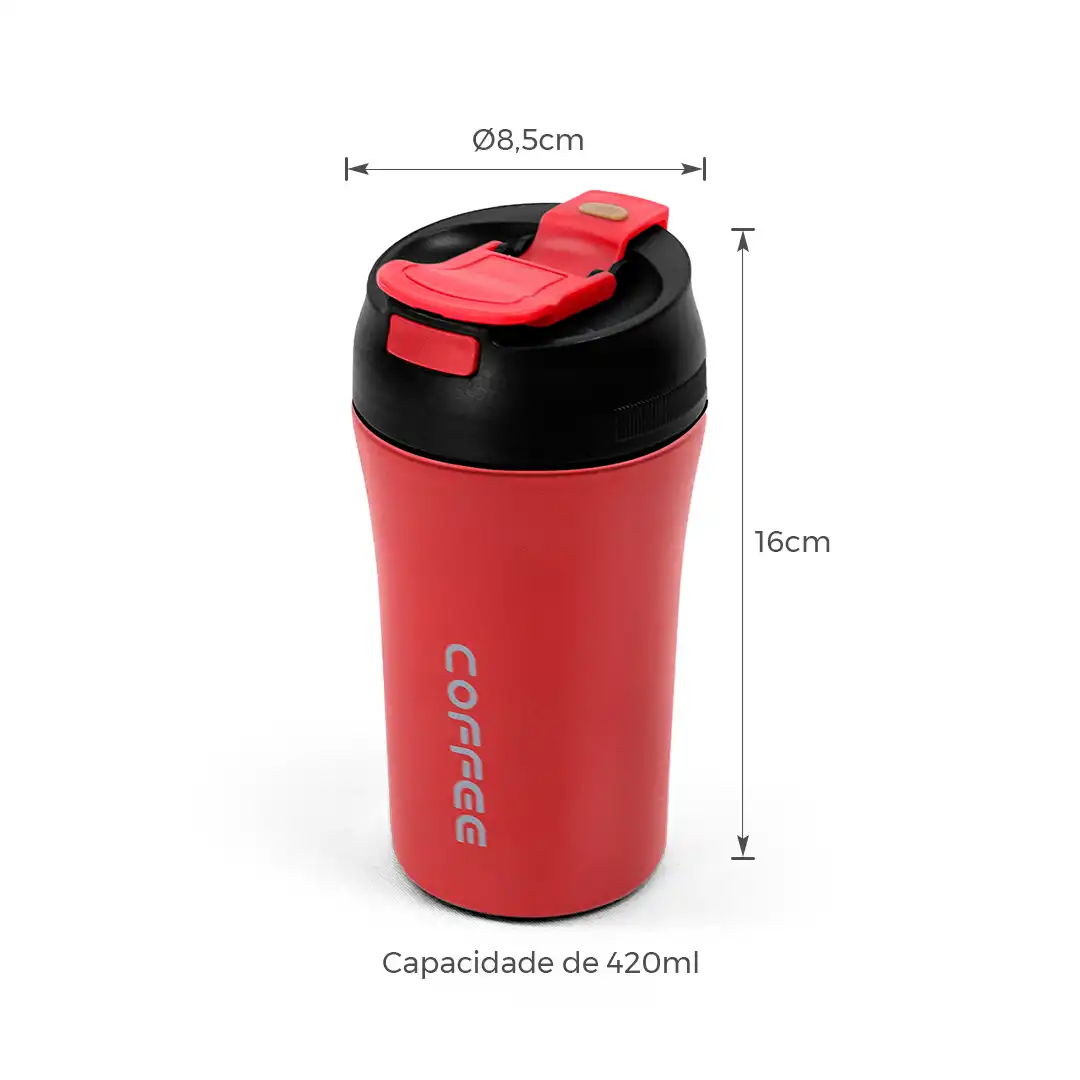 COPO TÉRMICO VERMELHO 420ML COM TAMPA ANTIVAZAMENTO E INTERIOR EM INOX