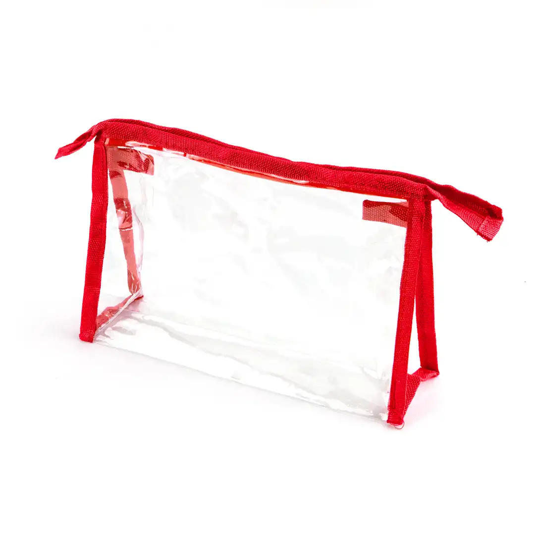 NECESSAIRE TRANSPARENTE COM FECHO E BORDAS DE TECIDO – 20x14CM