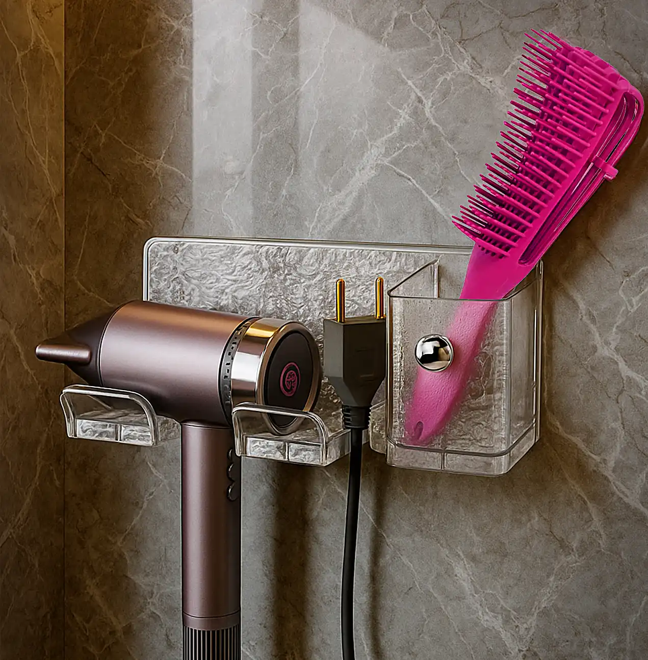 SUPORTE MULTIUSO ADESIVO ACRÍLICO PARA SECADOR DE CABELO E ESCOVA