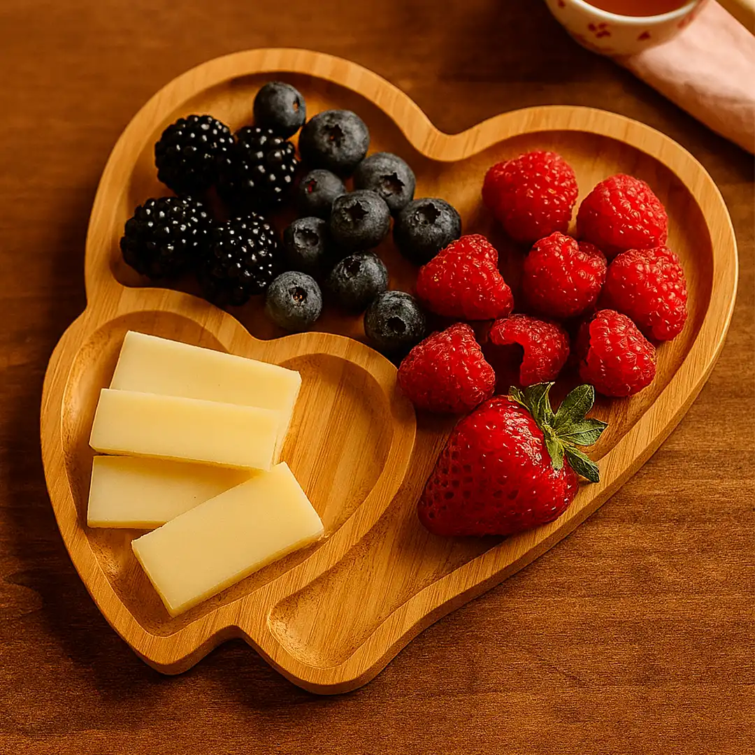 PETISQUEIRA DE BAMBU 27X26,5CM FORMATO CORAÇÃO COM 2 DIVISÓRIAS