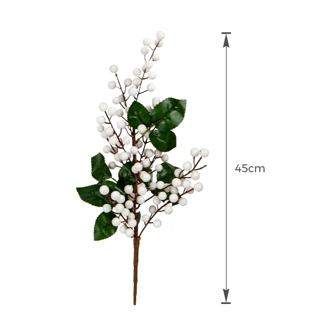 HASTE DECORATIVA COM BOLINHAS BRANCAS E FOLHAS VERDES 45CM
