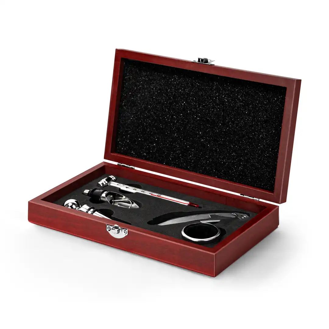KIT PARA VINHO 5 PEÇAS COM CAIXA DE MADEIRA ELEGANTE E FUNCIONAL