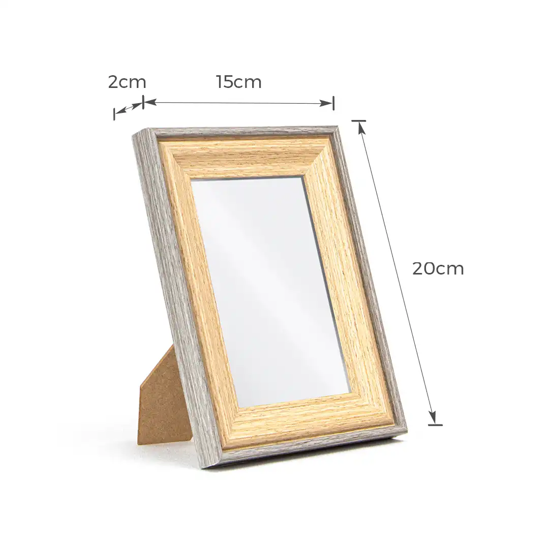 PORTA-RETRATO DECORATIVO 4X6CM EM MDF CINZA E MADEIRA CLARA COM PROTEÇÃO EM PLÁSTICO