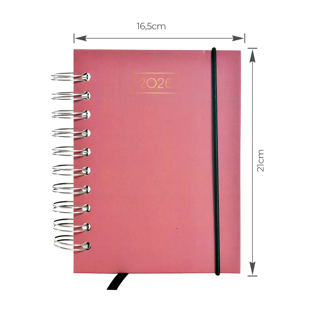 AGENDA ESPIRAL 2026 COM CAPA DURA E ELÁSTICO 15x21CM – SORTIDAS