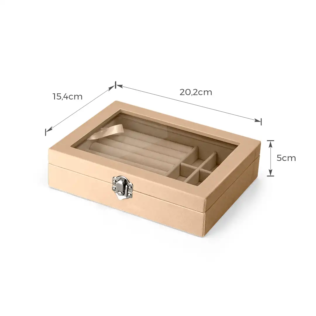 PORTA JOIAS VELUDO E TAMPA DE VIDRO TRANSPARENTE E MDF BEGE