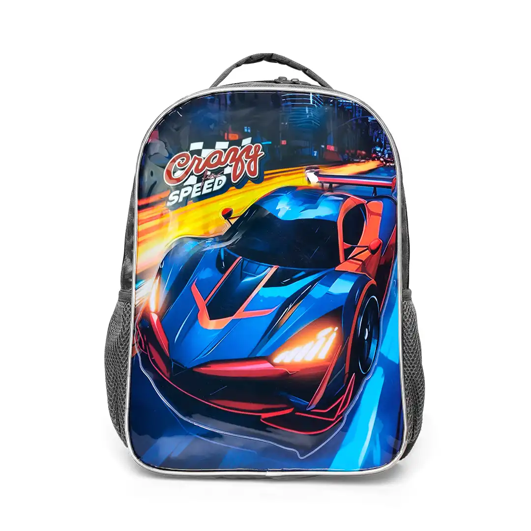 MOCHILA INFANTIL CRAZY SPEED CARRO ESPORTIVO 43CX31CM CINZA